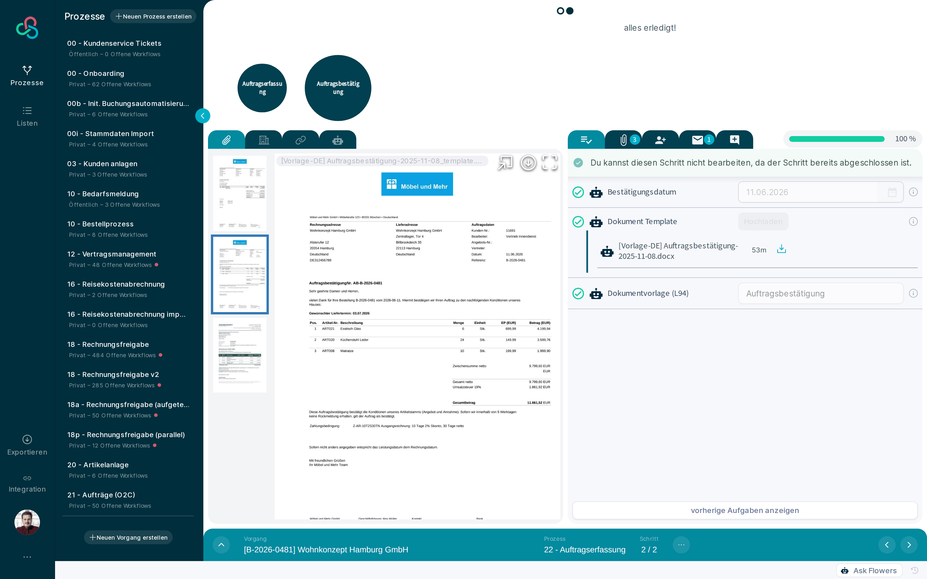 Automatically generated order confirmation as a PDF in the second workflow step