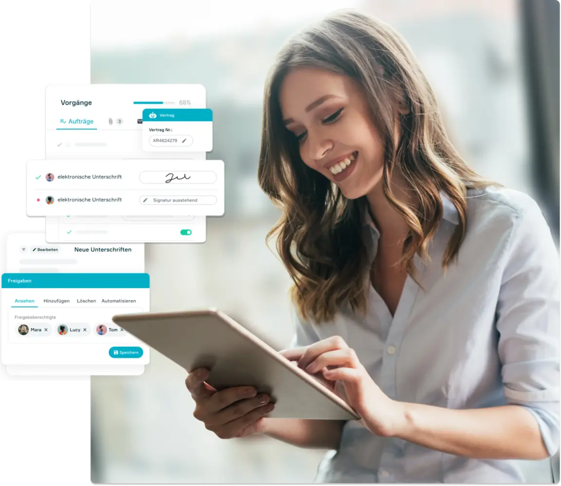 Frau am Tablet, Overlay mit Flowers Software UI Elementen