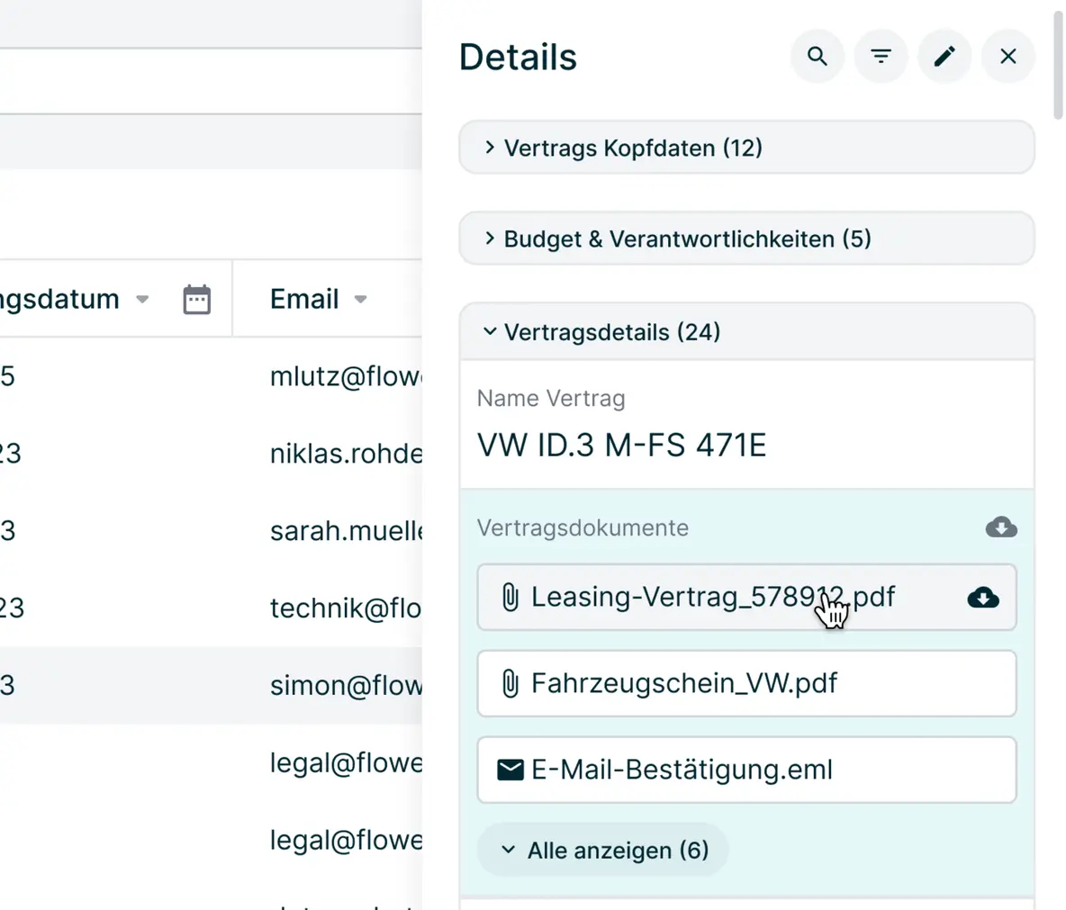 Vertragsmanagement Details Flowers UI