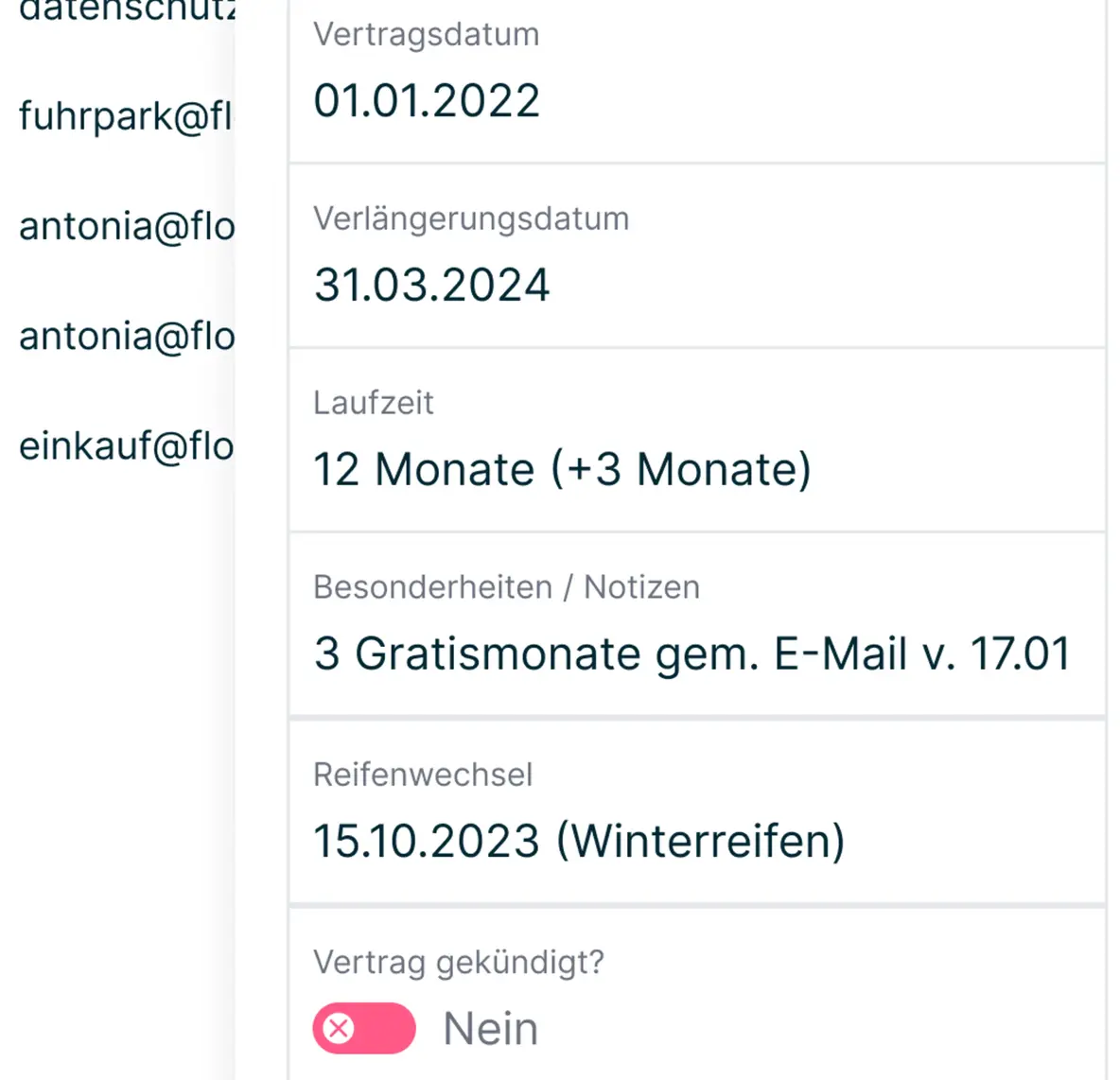 Vertragsmanagement Flowers UI Details Erinnerung